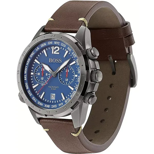 Hugo Boss Nomad 1513773 férfi kvarc karóra, bőr szíj, WR200, 48 mm, kék számlap