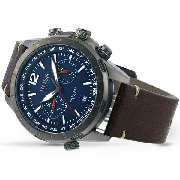 Hugo Boss Nomad 1513773 férfi kvarc karóra, bőr szíj, WR200, 48 mm, kék számlap