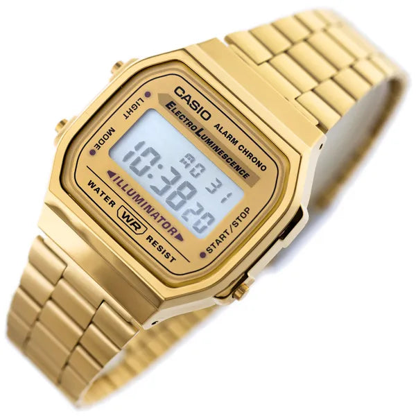 Casio A168WG-9W uniszex arany digitális óra, acél szíj, WR30, LED, 36 mm