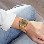 Casio A168WG-9W uniszex arany digitális óra, acél szíj, WR30, LED, 36 mm
