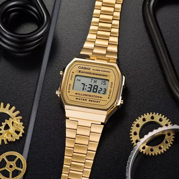 Casio A168WG-9W uniszex arany digitális óra, acél szíj, WR30, LED, 36 mm