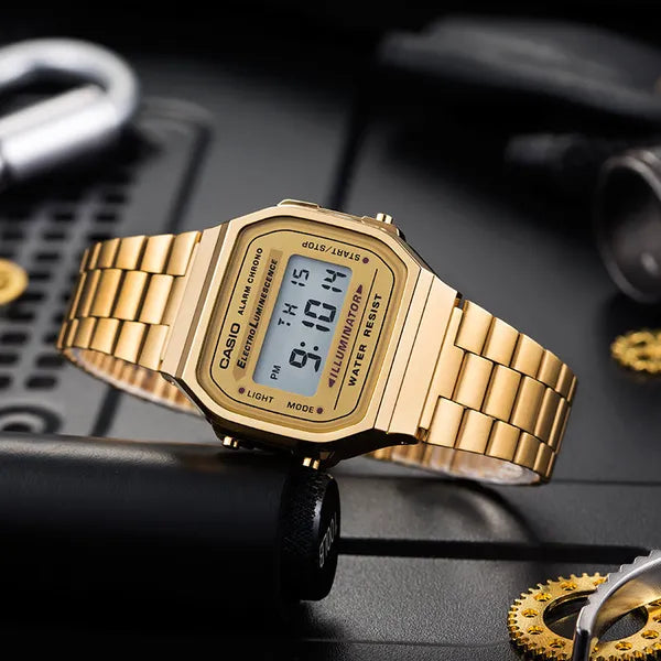 Casio A168WG-9W uniszex arany digitális óra, acél szíj, WR30, LED, 36 mm