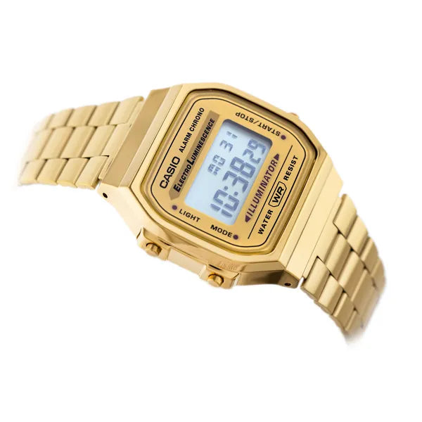Casio A168WG-9W uniszex arany digitális óra, acél szíj, WR30, LED, 36 mm