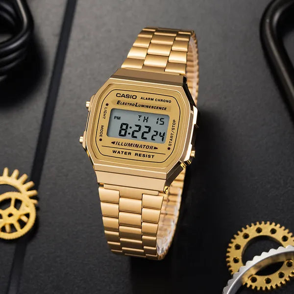 Casio A168WG-9W uniszex arany digitális óra, acél szíj, WR30, LED, 36 mm