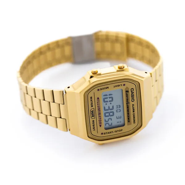 Casio A168WG-9W uniszex arany digitális óra, acél szíj, WR30, LED, 36 mm