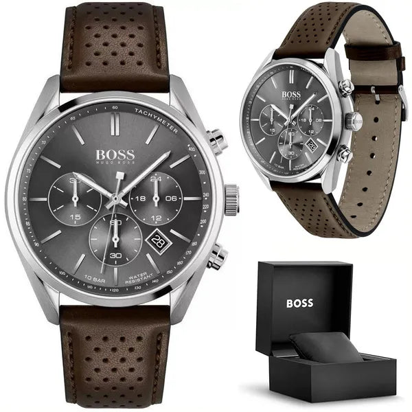 HUGO BOSS Champion 1513815 férfi kronográf karóra, 44 mm, barna bőr, WR100