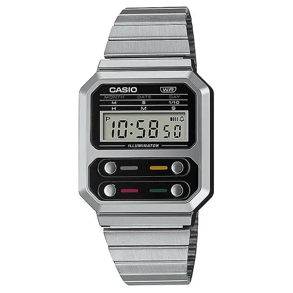 Casio Vintage A100WE-1AEF uniszex karóra, ezüst, acél szíj, 33 mm, WR30