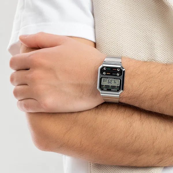 Casio Vintage A100WE-1AEF uniszex karóra, ezüst, acél szíj, 33 mm, WR30