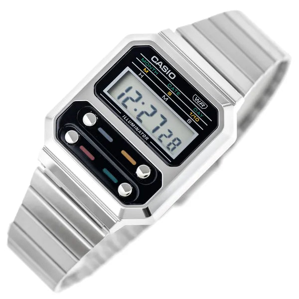 Casio Vintage A100WE-1AEF uniszex karóra, ezüst, acél szíj, 33 mm, WR30