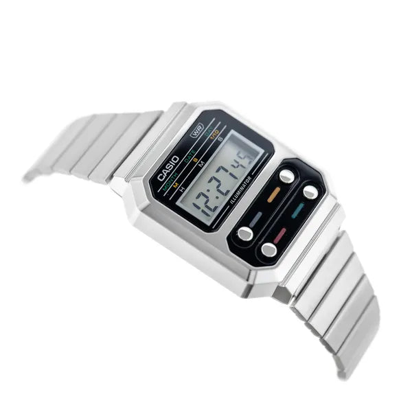 Casio Vintage A100WE-1AEF uniszex karóra, ezüst, acél szíj, 33 mm, WR30