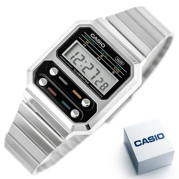 Casio Vintage A100WE-1AEF uniszex karóra, ezüst, acél szíj, 33 mm, WR30
