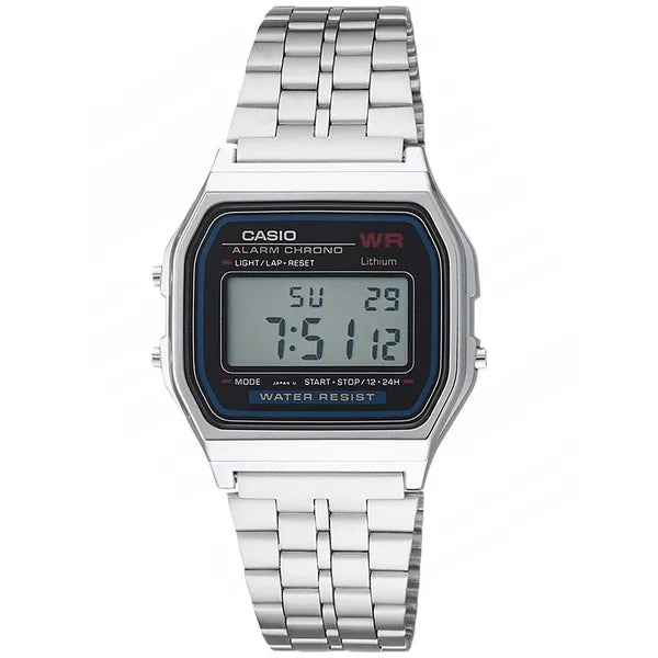 Casio A159W-N1DF férfi karóra, rozsdamentes acél, WR30, fekete LCD