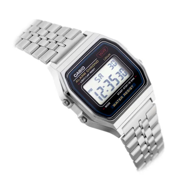 Casio A159W-N1DF férfi karóra, rozsdamentes acél, WR30, fekete LCD