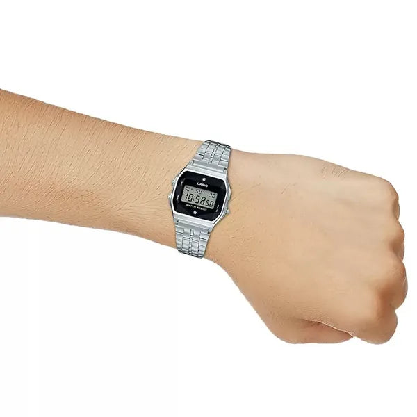 Casio A159W-N1DF férfi karóra, rozsdamentes acél, WR30, fekete LCD