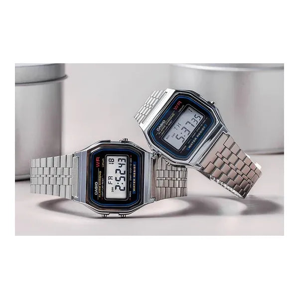 Casio A159W-N1DF férfi karóra, rozsdamentes acél, WR30, fekete LCD