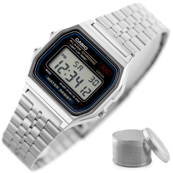 Casio A159W-N1DF férfi karóra, rozsdamentes acél, WR30, fekete LCD