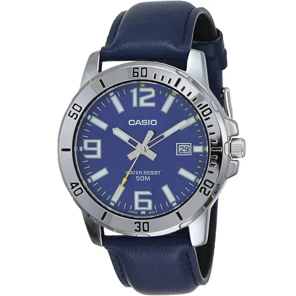 Casio MTP-VD01L-2BV férfi karóra, kék számlap, bőrszíj, WR50, dátum, 45 mm