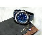 Casio MTP-VD01L-2BV férfi karóra, kék számlap, bőrszíj, WR50, dátum, 45 mm