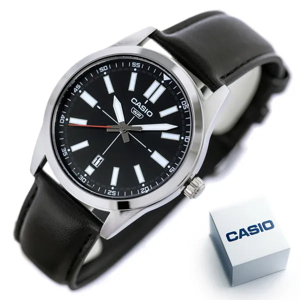Casio MTP-VD02L-1EUDF férfi karóra, fekete bőr, dátum, 41 mm