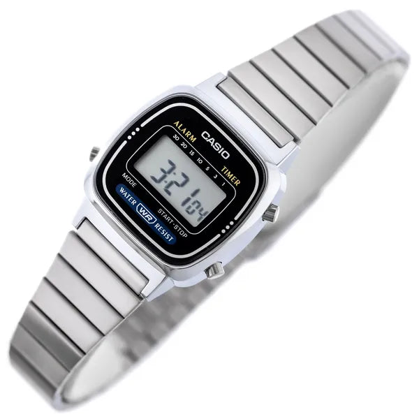 Casio Vintage LA670WA-1D női karóra, ezüst nemesacél, digitális, WR30