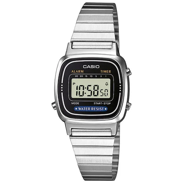Casio Vintage LA670WA-1D női karóra, ezüst nemesacél, digitális, WR30