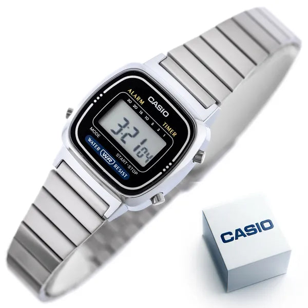 Casio Vintage LA670WA-1D női karóra, ezüst nemesacél, digitális, WR30