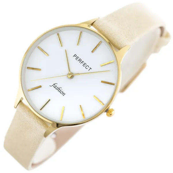 Perfect női karóra, kvarc Miyota, 36 mm, arany tok, bézs bőrszíj, WR30