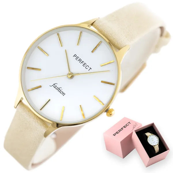 Perfect női karóra, kvarc Miyota, 36 mm, arany tok, bézs bőrszíj, WR30
