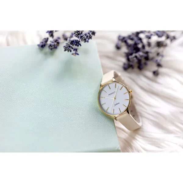 Perfect női karóra, kvarc Miyota, 36 mm, arany tok, bézs bőrszíj, WR30