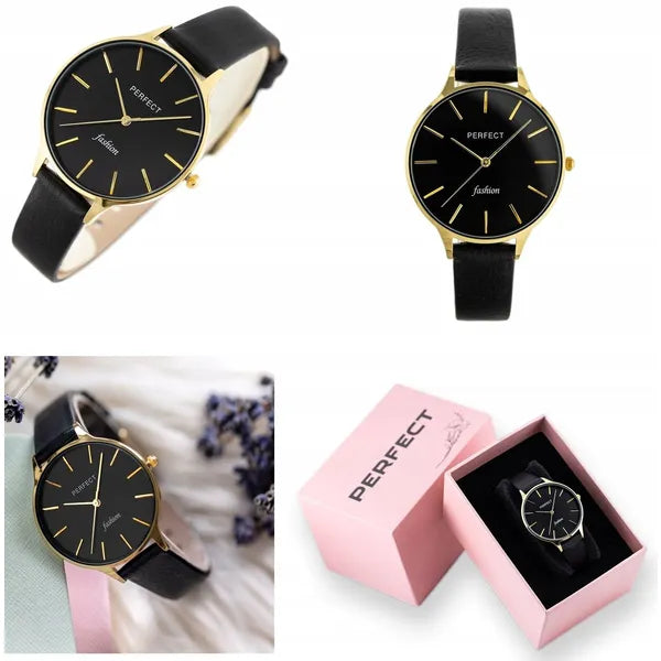 Perfect E355-07 női karóra, kvarc, fekete bőr szíj, 36 mm, arany tok, WR30