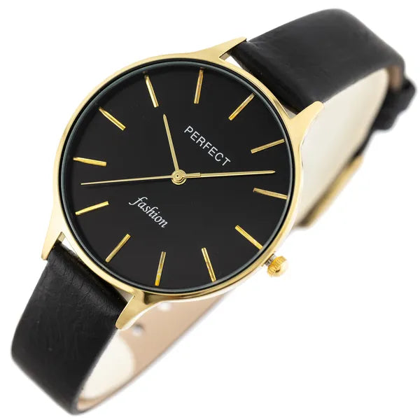 Perfect E355-07 női karóra, kvarc, fekete bőr szíj, 36 mm, arany tok, WR30