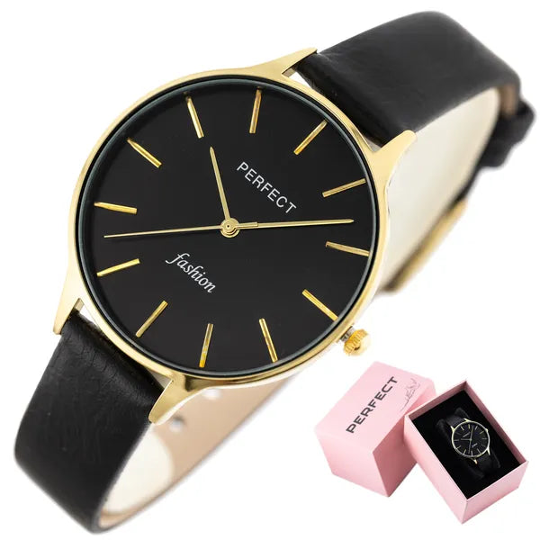 Perfect E355-07 női karóra, kvarc, fekete bőr szíj, 36 mm, arany tok, WR30