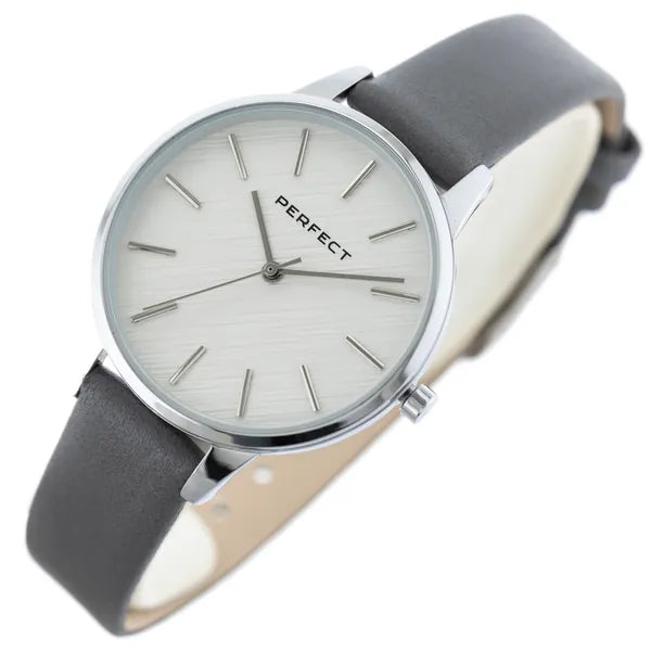Perfect E374-01 női kvarc karóra, 34 mm, ezüst számlap, szürke bőr szíj, WR30