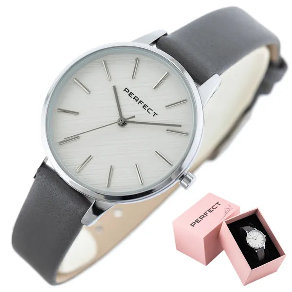 Perfect E374-01 női kvarc karóra, 34 mm, ezüst számlap, szürke bőr szíj, WR30