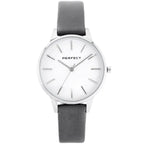 Perfect E374-01 női kvarc karóra, 34 mm, ezüst számlap, szürke bőr szíj, WR30
