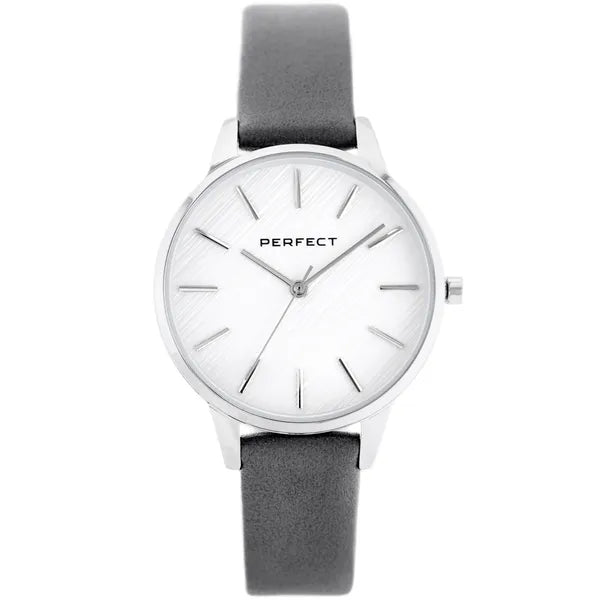 Perfect E374-01 női kvarc karóra, 34 mm, ezüst számlap, szürke bőr szíj, WR30