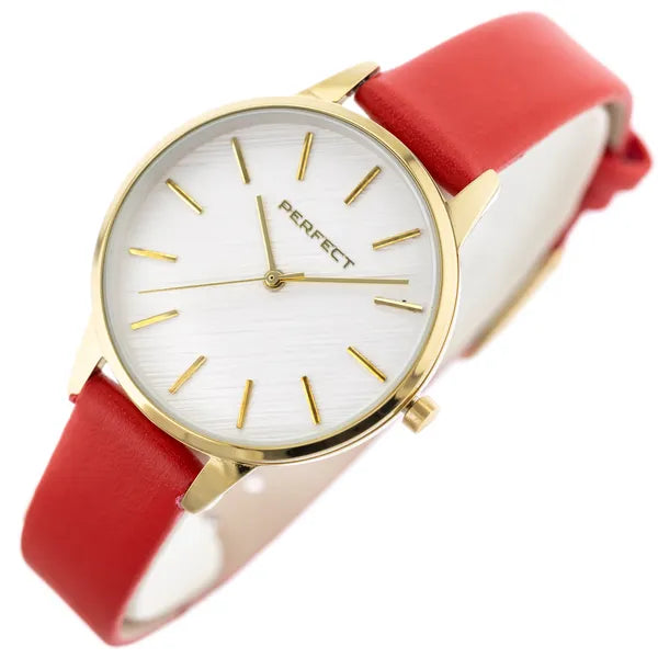 Perfect E374-05 női kvarc karóra, 34 mm, piros bőrszíj, arany tok, ezüst számlap