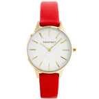 Perfect E374-05 női kvarc karóra, 34 mm, piros bőrszíj, arany tok, ezüst számlap
