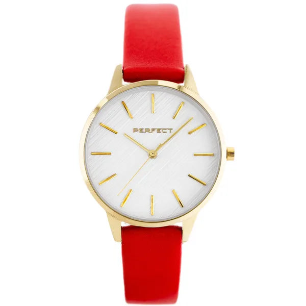 Perfect E374-05 női kvarc karóra, 34 mm, piros bőrszíj, arany tok, ezüst számlap