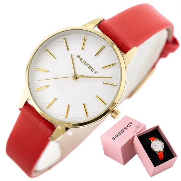 Perfect E374-05 női kvarc karóra, 34 mm, piros bőrszíj, arany tok, ezüst számlap