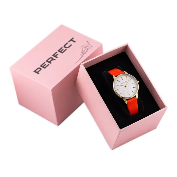 Perfect E374-05 női kvarc karóra, 34 mm, piros bőrszíj, arany tok, ezüst számlap