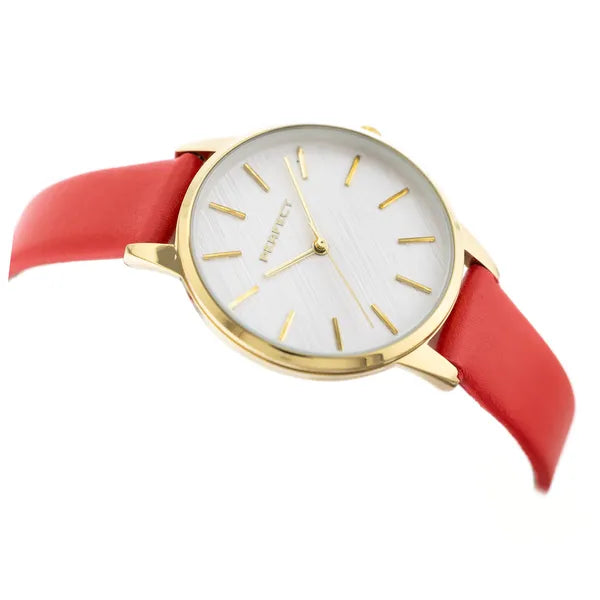 Perfect E374-05 női kvarc karóra, 34 mm, piros bőrszíj, arany tok, ezüst számlap