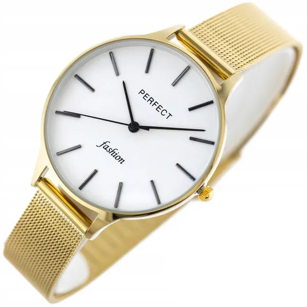 Perfect F355-05 női karóra, arany fémszíj, ezüst számlap, 36 mm, WR30