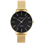 Perfect F355-07 női kvarc karóra, arany fémszíj, fekete számlap, 36 mm