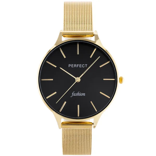 Perfect F355-07 női kvarc karóra, arany fémszíj, fekete számlap, 36 mm