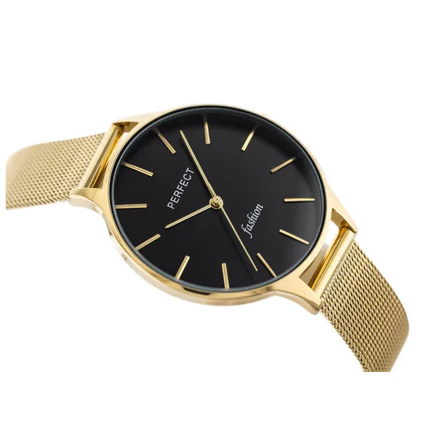 Perfect F355-07 női kvarc karóra, arany fémszíj, fekete számlap, 36 mm