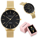 Perfect F355-07 női kvarc karóra, arany fémszíj, fekete számlap, 36 mm