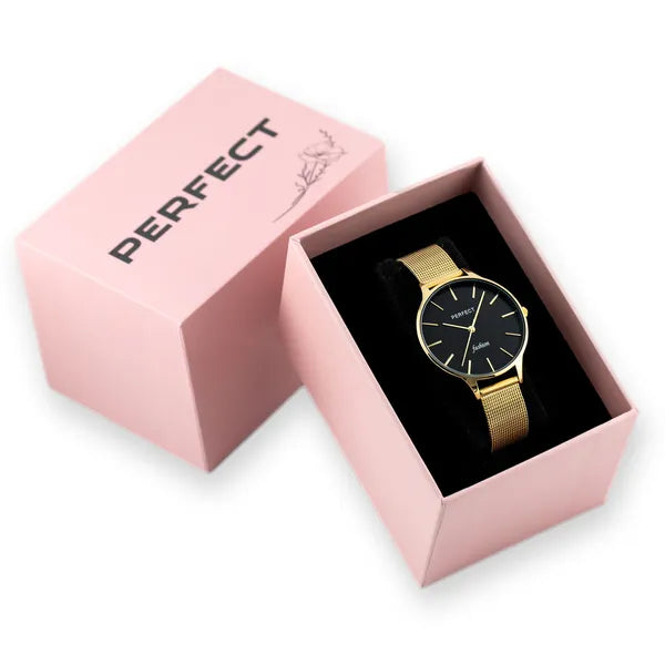 Perfect F355-07 női kvarc karóra, arany fémszíj, fekete számlap, 36 mm