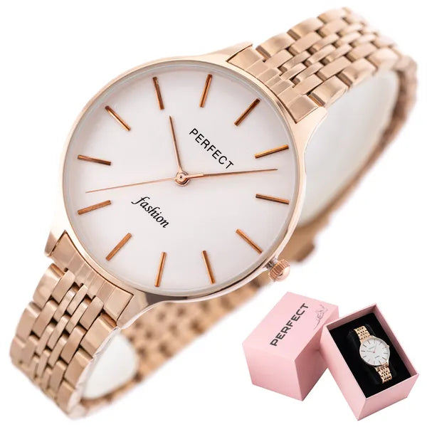 Perfect női kvarc karóra, 36 mm, rózsaarany fémszíj, ezüst számlap, WR30