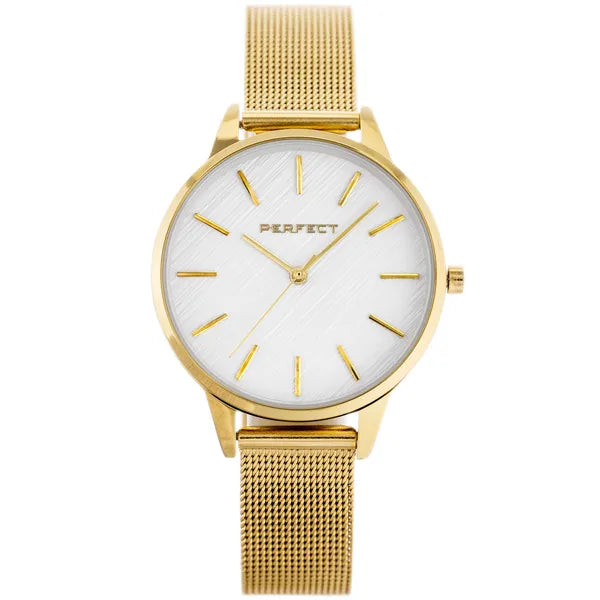 Perfect F374-03 női karóra, arany fémszíj, 34 mm, kvarc, WR30, ezüst számlap